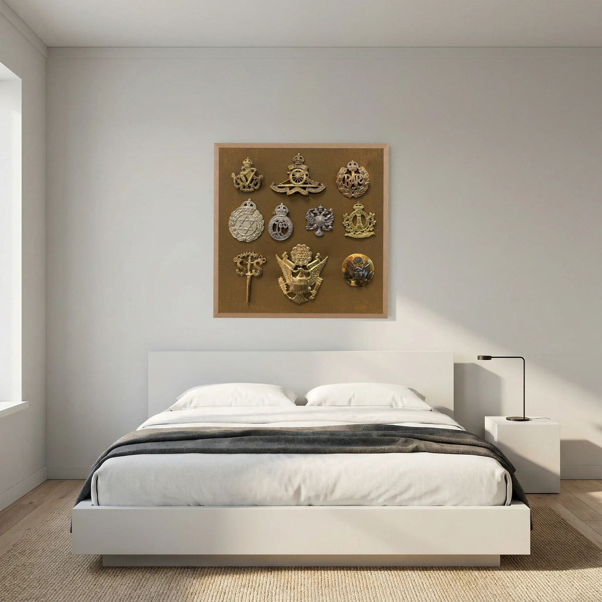 Composite image showing Display Boards of Military Insignia, Regimental & Service Cap Badges