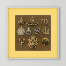 Composite image showing Display Boards of Military Insignia, Regimental & Service Cap Badges