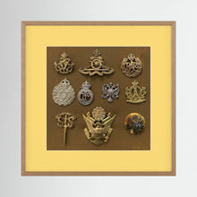 Composite image showing Display Boards of Military Insignia, Regimental & Service Cap Badges