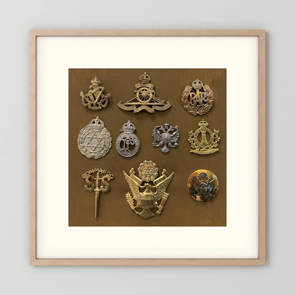 Composite image showing Display Boards of Military Insignia, Regimental & Service Cap Badges