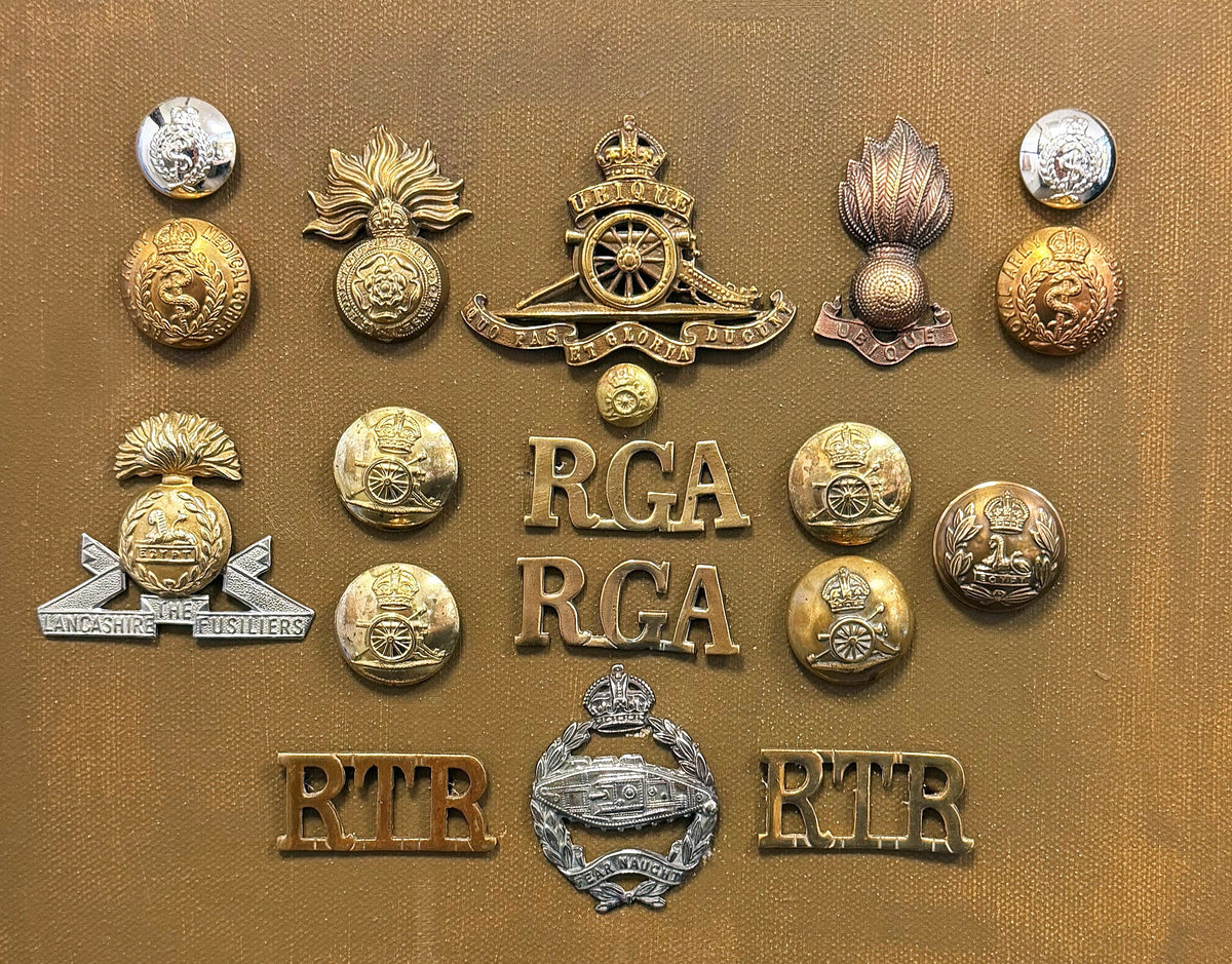 Display Boards of Military Insignia, Regimental & Service Cap Badges. Fusiliers, Royal Tank Regiment. Combination Image. Photograph - Art goes to War
