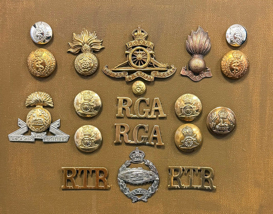 Display Boards of Military Insignia, Regimental & Service Cap Badges. Fusiliers, Royal Tank Regiment. Combination Image. Photograph - Art goes to War