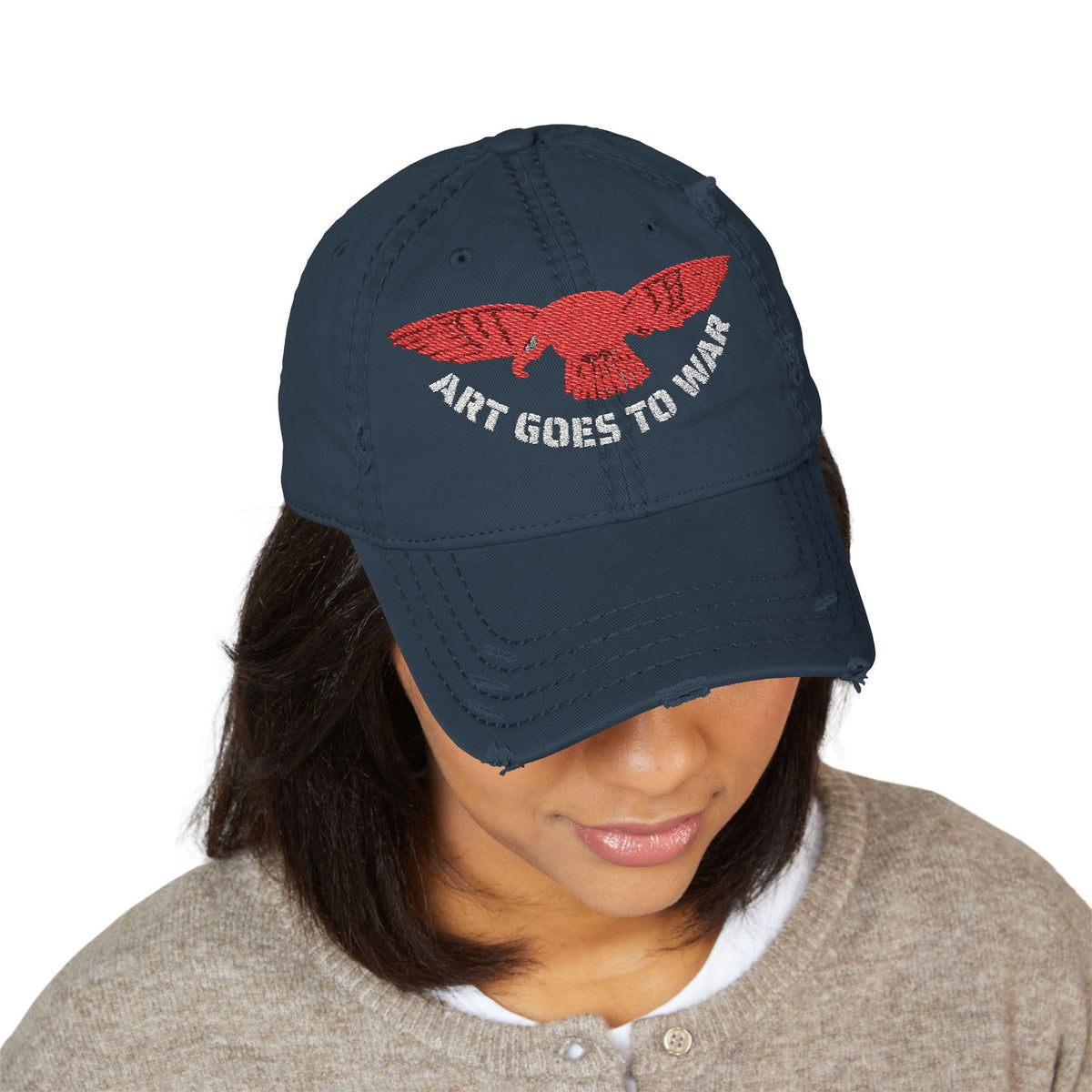 Distressed Embroidered Dad Hat — 'Art Goes to War' Red Eagle — product photograph