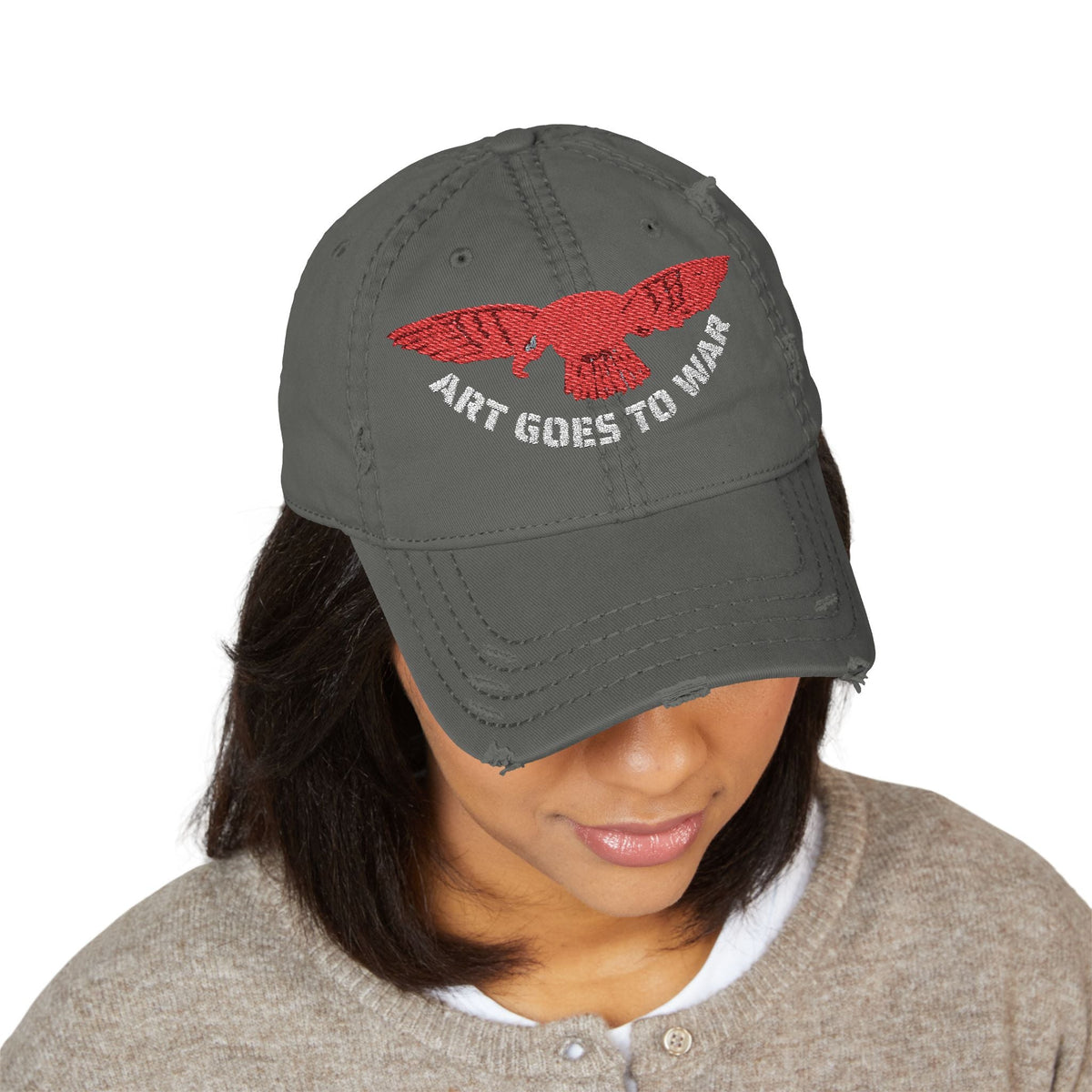 Distressed Embroidered Dad Hat — 'Art Goes to War' Red Eagle — product photograph