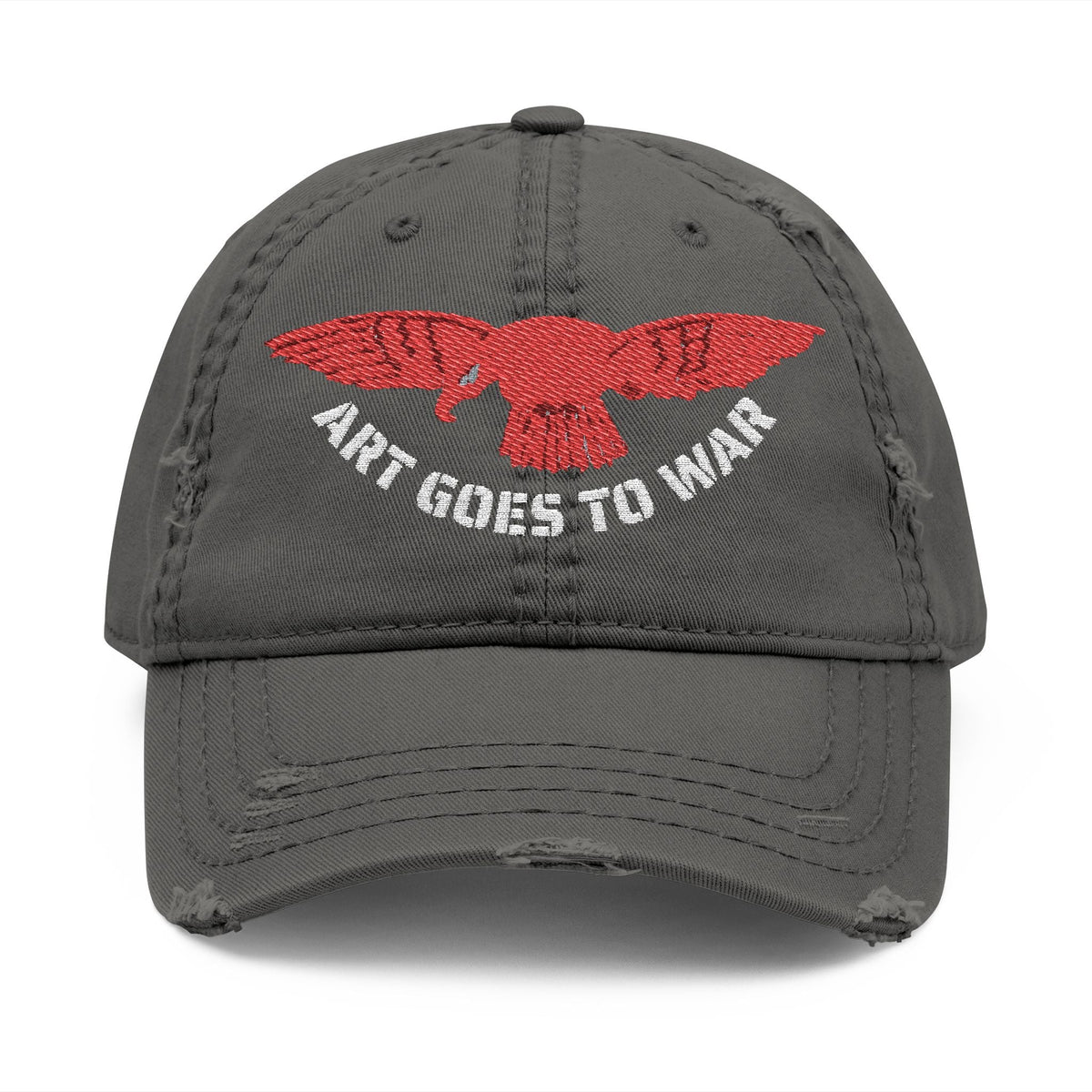 Distressed Embroidered Dad Hat — 'Art Goes to War' Red Eagle — product photograph