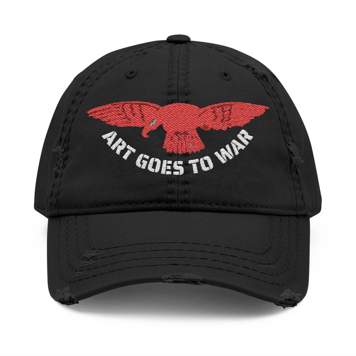 Distressed Embroidered Dad Hat — 'Art Goes to War' Red Eagle — product photograph