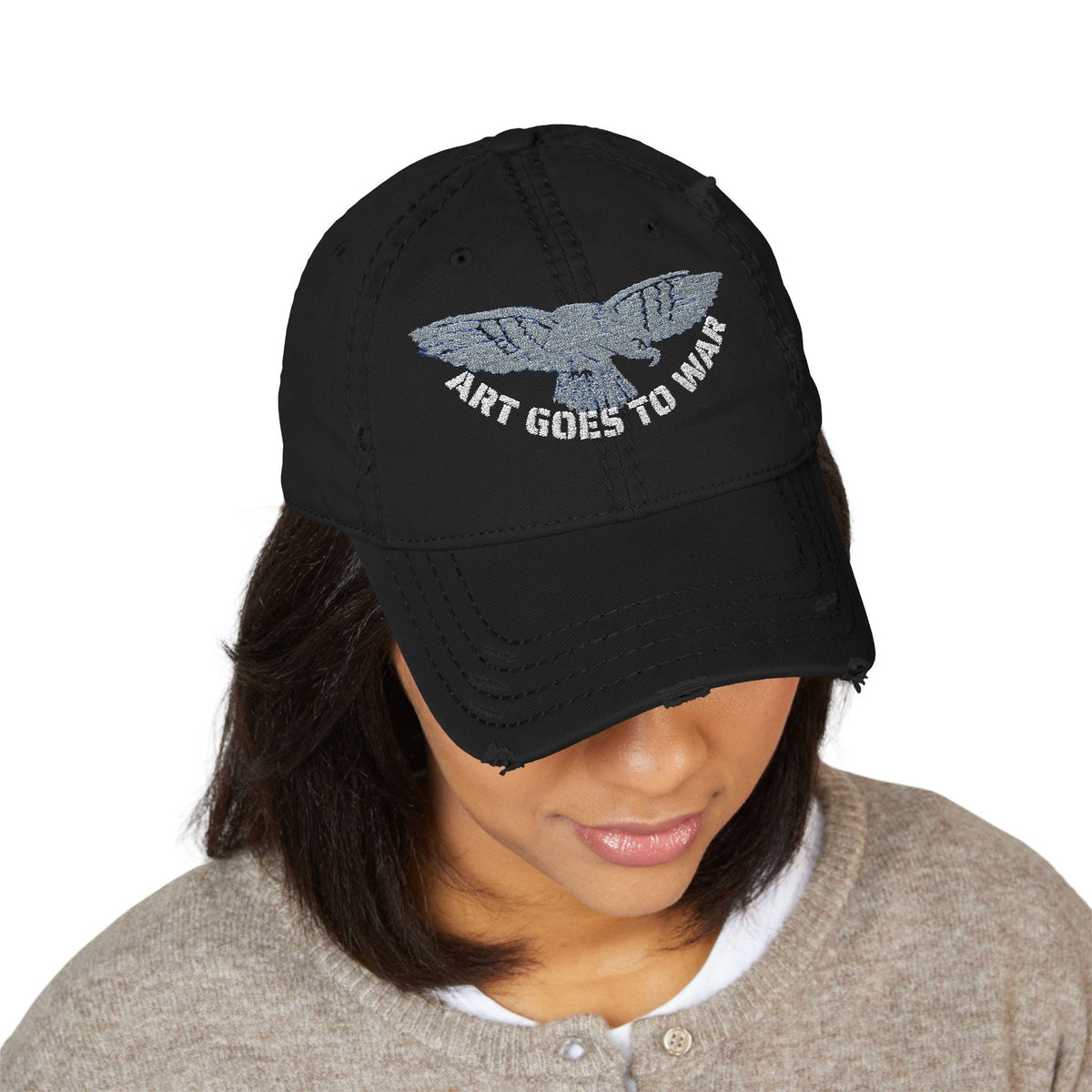 Distressed Embroidered Dad Hat — 'Art Goes to War' Vintage Eagle Cap — product photograph