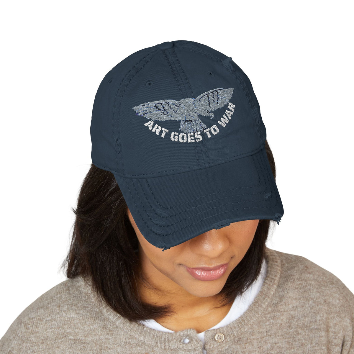 Distressed Embroidered Dad Hat — 'Art Goes to War' Vintage Eagle Cap — product photograph