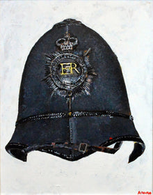 Painting of a dark Hertfordshire police helmet with a crowned silver badge, gold ER lettering and chinstrap on a white background.