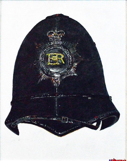 Painting of a dark Hertfordshire police helmet with a crowned silver badge, gold ER lettering and black chinstrap on a white background.