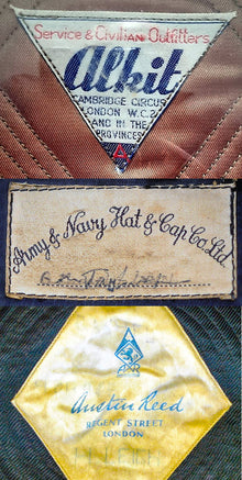 Composite image showing Labels: Alkit, Army & Navy and Austin Reed WWII Hatter Labels