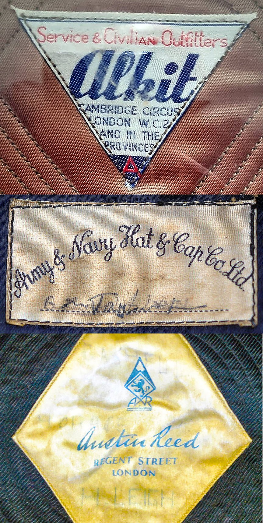 Composite image showing Labels: Alkit, Army & Navy and Austin Reed WWII Hatter Labels