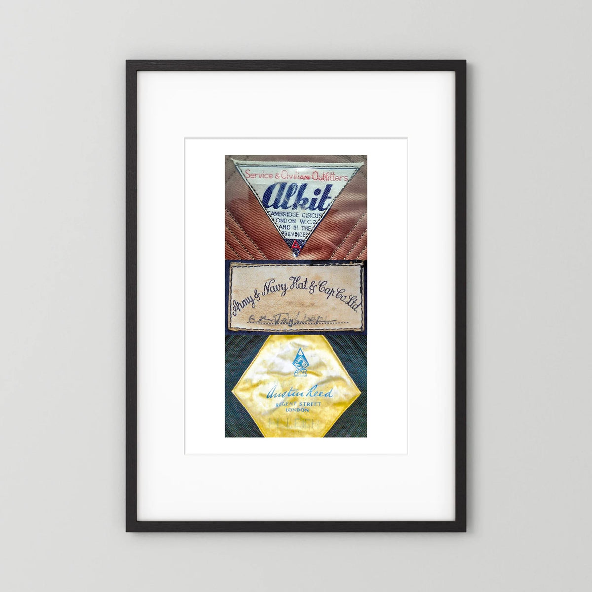 Composite image showing Labels: Alkit, Army & Navy and Austin Reed WWII Hatter Labels
