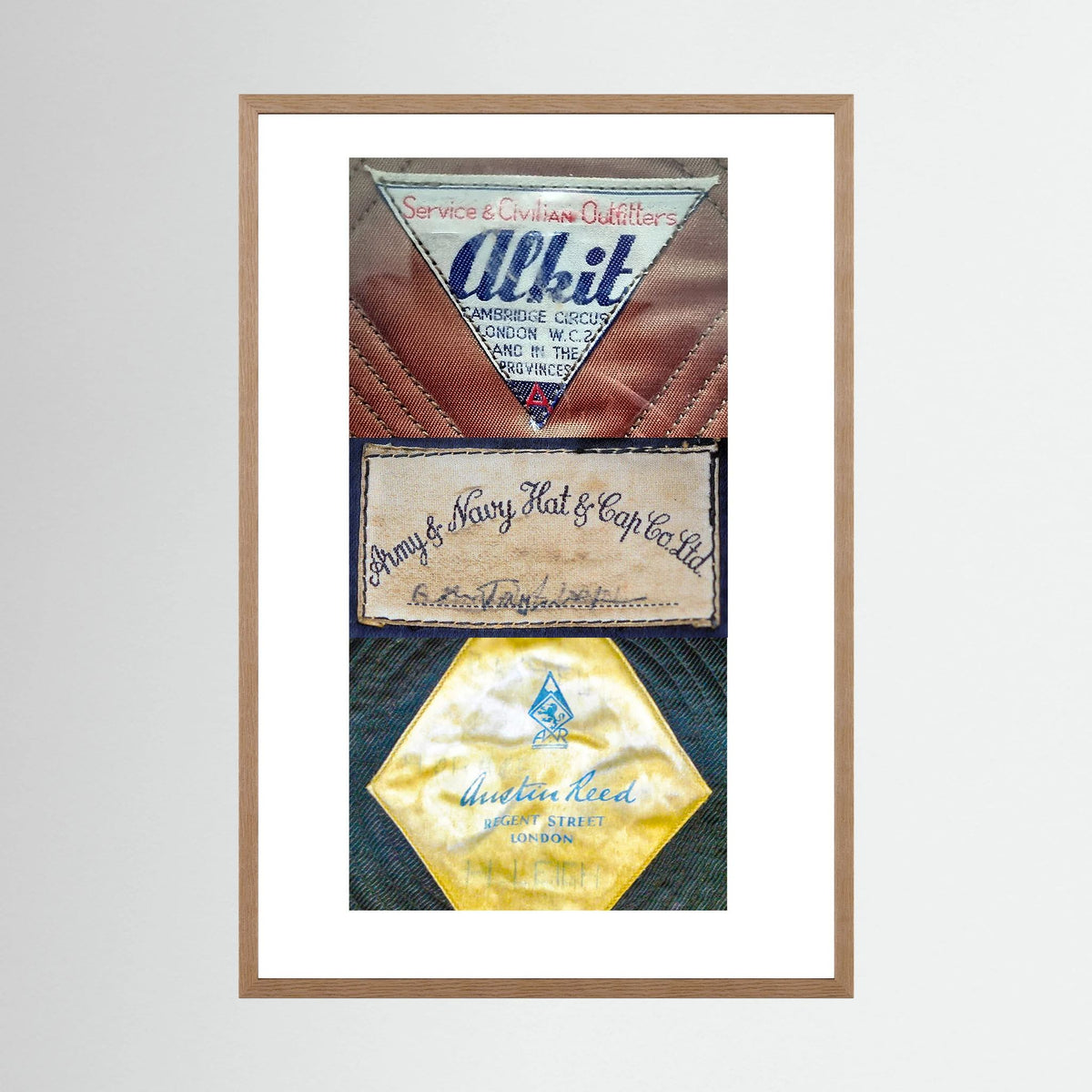 Composite image showing Labels: Alkit, Army & Navy and Austin Reed WWII Hatter Labels