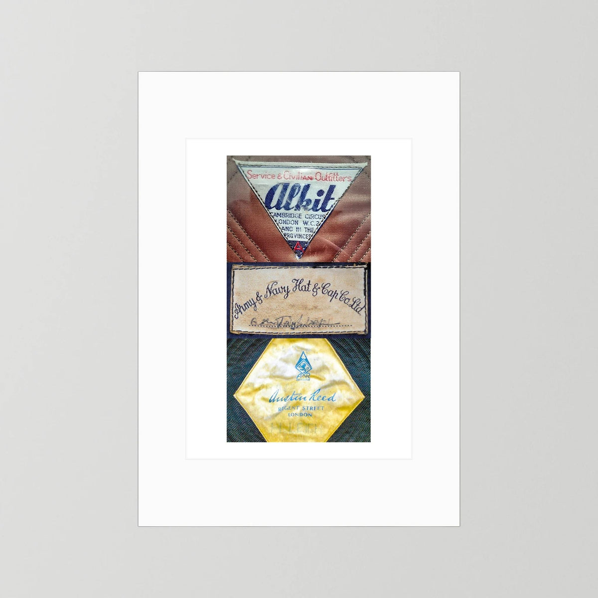 Composite image showing Labels: Alkit, Army & Navy and Austin Reed WWII Hatter Labels