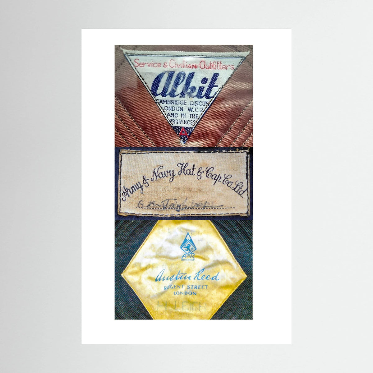 Composite image showing Labels: Alkit, Army & Navy and Austin Reed WWII Hatter Labels