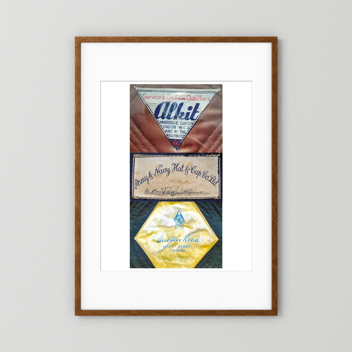 Composite image showing Labels: Alkit, Army & Navy and Austin Reed WWII Hatter Labels