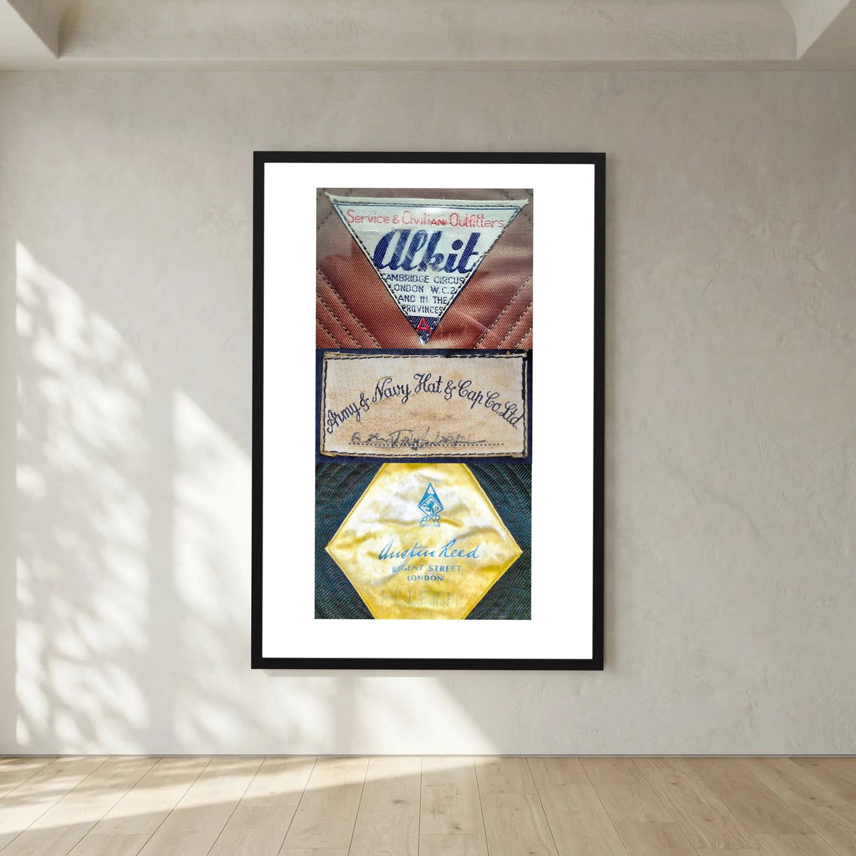 Composite image showing Labels: Alkit, Army & Navy and Austin Reed WWII Hatter Labels