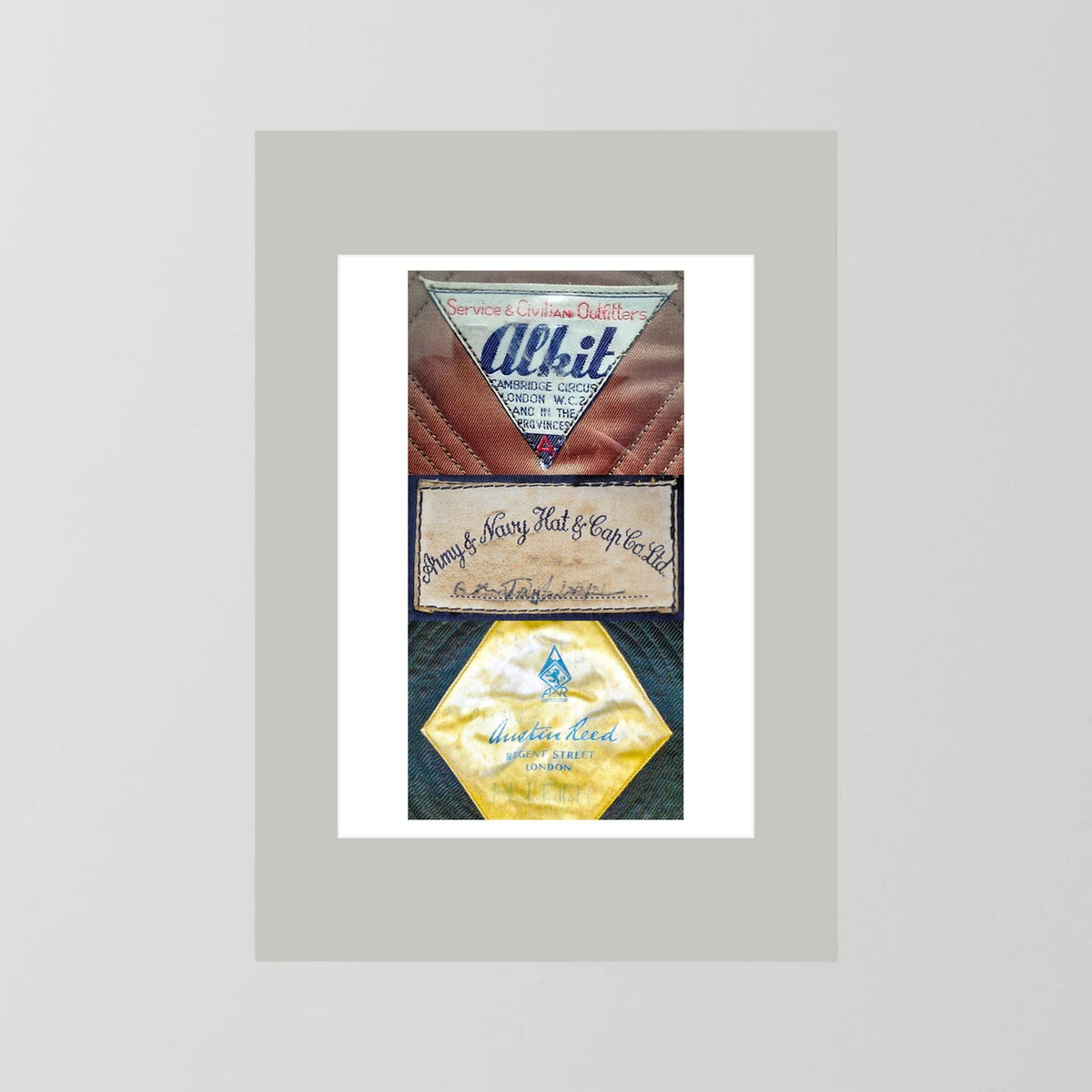 Composite image showing Labels: Alkit, Army & Navy and Austin Reed WWII Hatter Labels