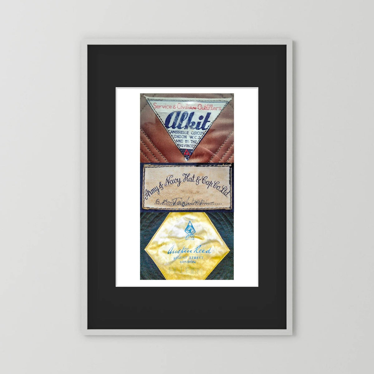 Composite image showing Labels: Alkit, Army & Navy and Austin Reed WWII Hatter Labels