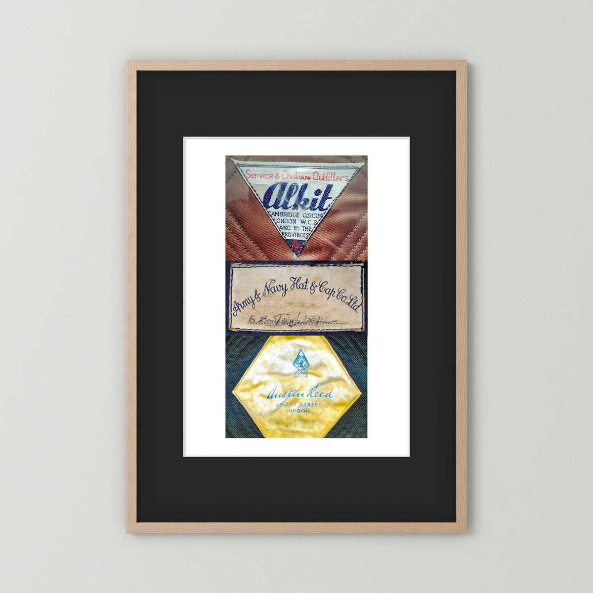Composite image showing Labels: Alkit, Army & Navy and Austin Reed WWII Hatter Labels