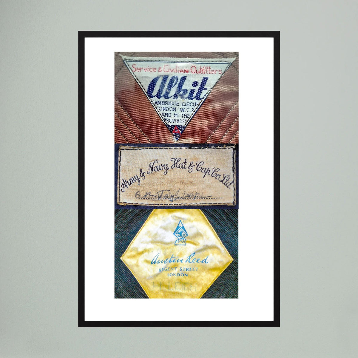Composite image showing Labels: Alkit, Army & Navy and Austin Reed WWII Hatter Labels