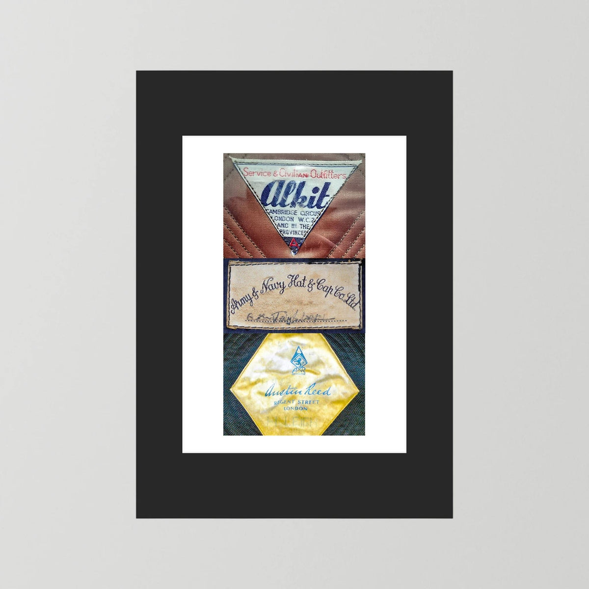 Composite image showing Labels: Alkit, Army & Navy and Austin Reed WWII Hatter Labels