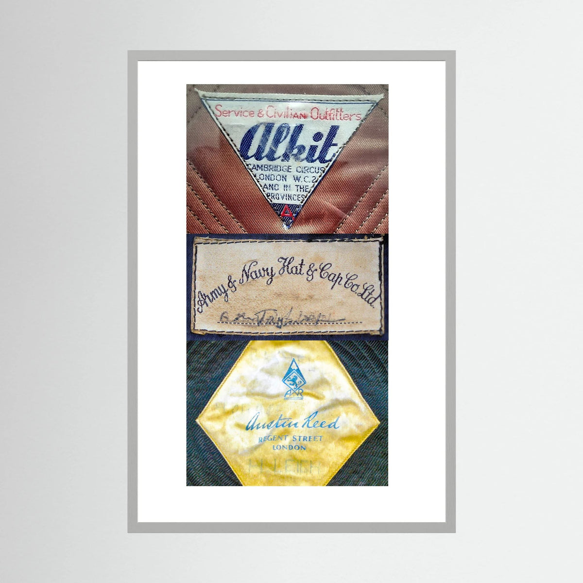 Composite image showing Labels: Alkit, Army & Navy and Austin Reed WWII Hatter Labels