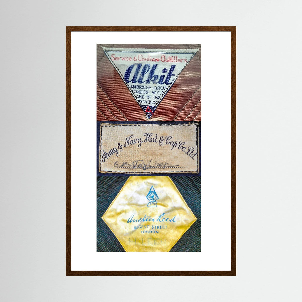 Composite image showing Labels: Alkit, Army & Navy and Austin Reed WWII Hatter Labels