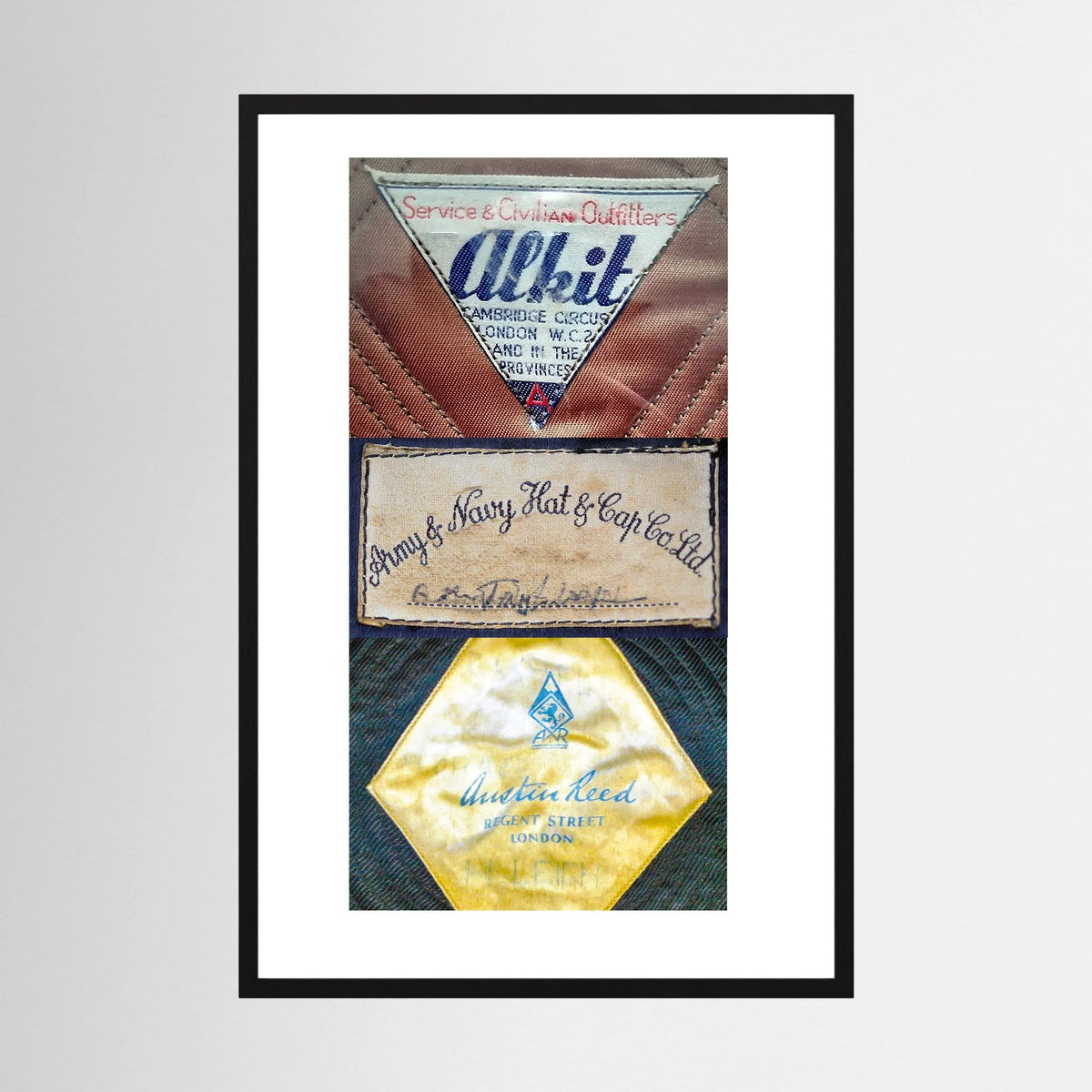 Composite image showing Labels: Alkit, Army & Navy and Austin Reed WWII Hatter Labels