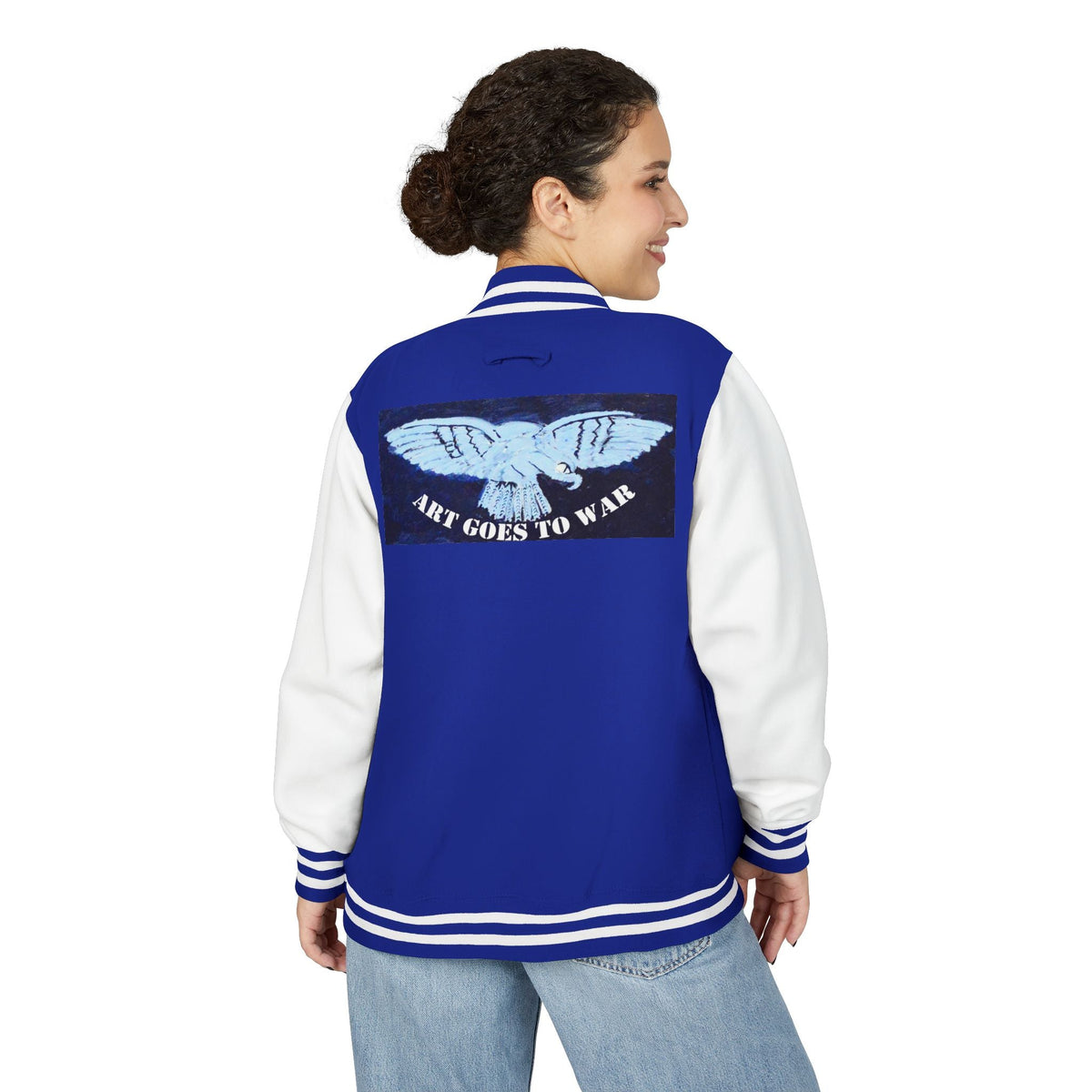 Letterman Jacket - 'Art Goes to War' Dove Graphic Varsity Jacket — product photograph