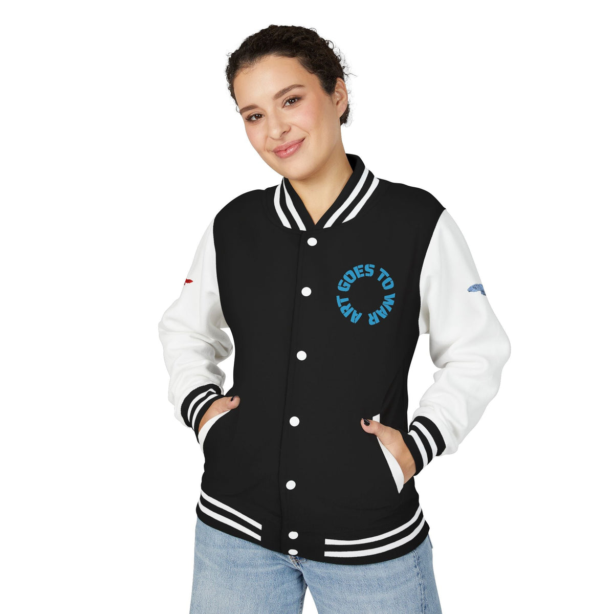 Letterman Jacket - 'Art Goes to War' Graphic Varsity Jacket — product photograph