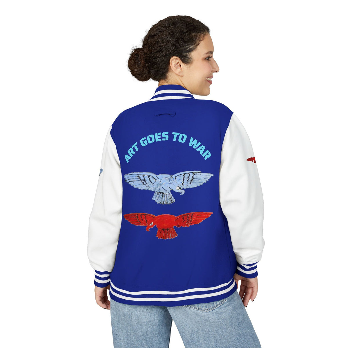 Letterman Jacket - 'Art Goes to War' Graphic Varsity Jacket — product photograph
