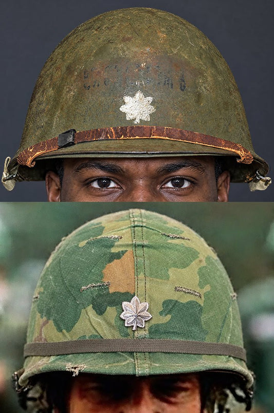 Composite image showing M1 Helmets, World War II and Vietnam