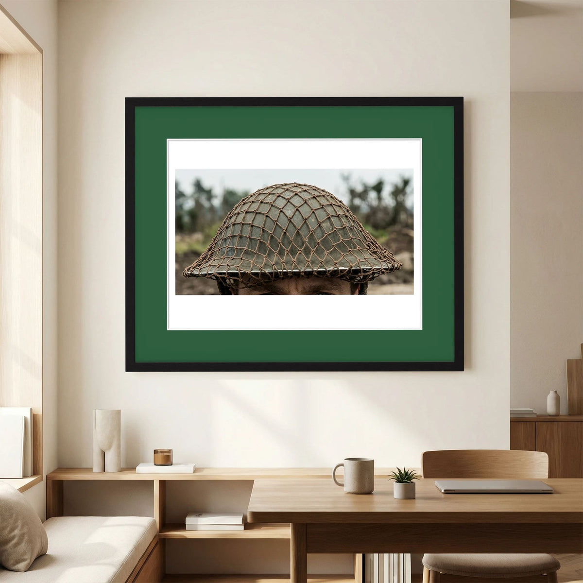 Mk II Brodie Helmet WW2 British Armed Forces. All ranks — photograph displayed in a black wood frame mockup