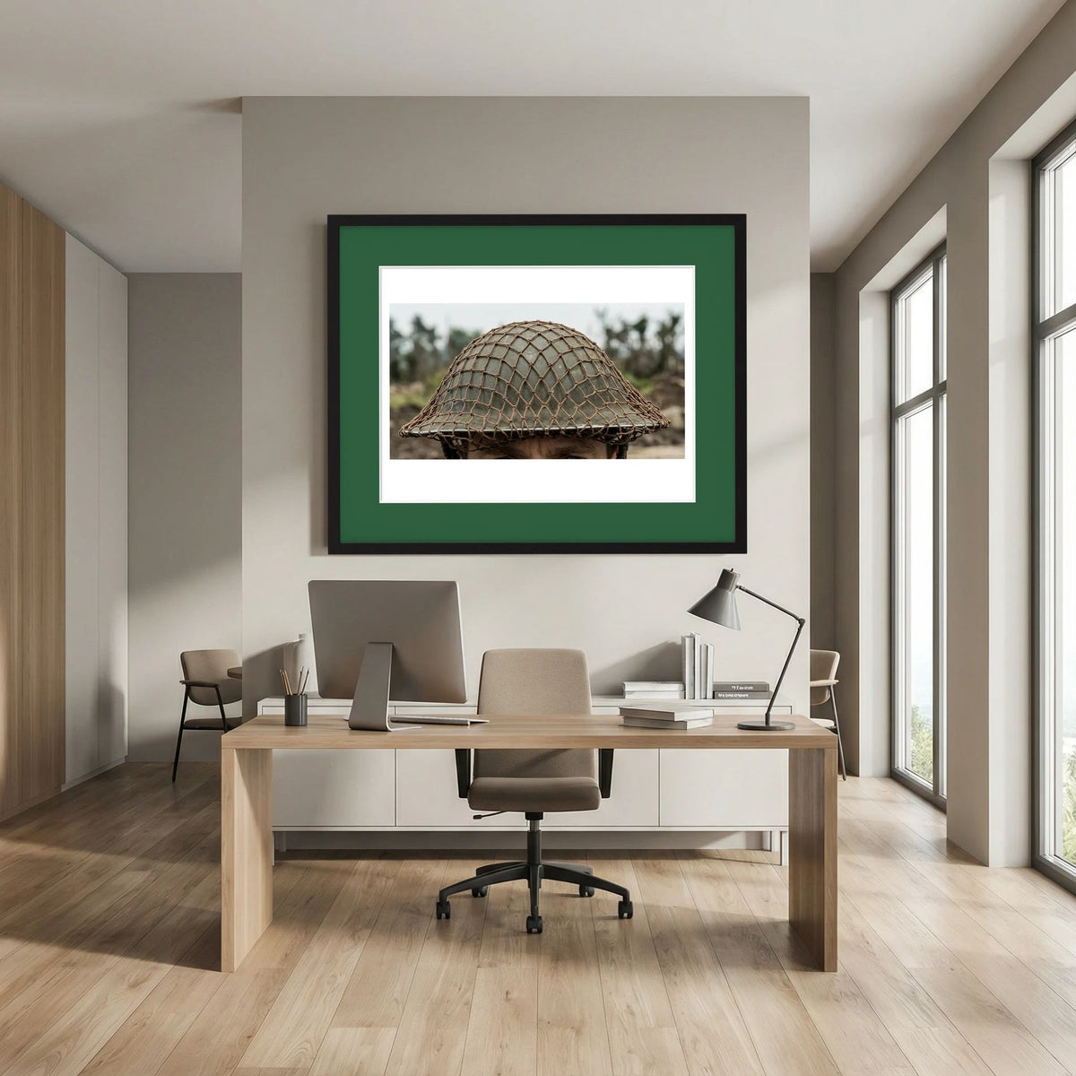 Mk II Brodie Helmet WW2 British Armed Forces. All ranks — photograph displayed in a black wood frame mockup