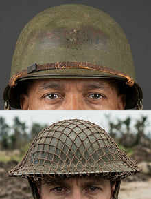 Composite image showing MkII Brodie Helmet British Armed Forces & MI Helmet U.S Forces, WWII