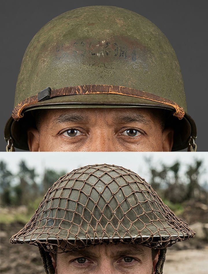 Composite image showing MkII Brodie Helmet British Armed Forces & MI Helmet U.S Forces, WWII