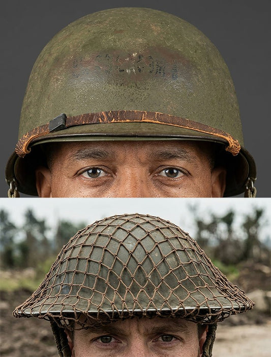 Composite image showing MkII Brodie Helmet British Armed Forces & MI Helmet U.S Forces, WWII