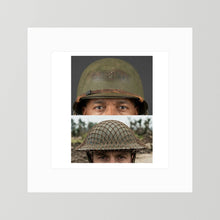 Composite image showing MkII Brodie Helmet British Armed Forces & MI Helmet U.S Forces, WWII