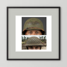 Composite image showing MkII Brodie Helmet British Armed Forces & MI Helmet U.S Forces, WWII