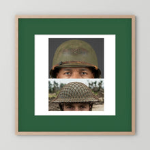Composite image showing MkII Brodie Helmet British Armed Forces & MI Helmet U.S Forces, WWII