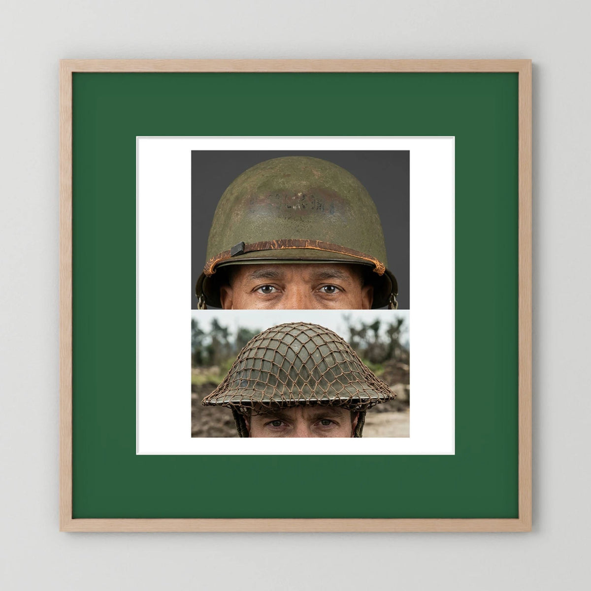 Composite image showing MkII Brodie Helmet British Armed Forces & MI Helmet U.S Forces, WWII