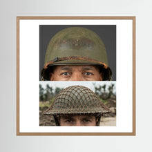 Composite image showing MkII Brodie Helmet British Armed Forces & MI Helmet U.S Forces, WWII