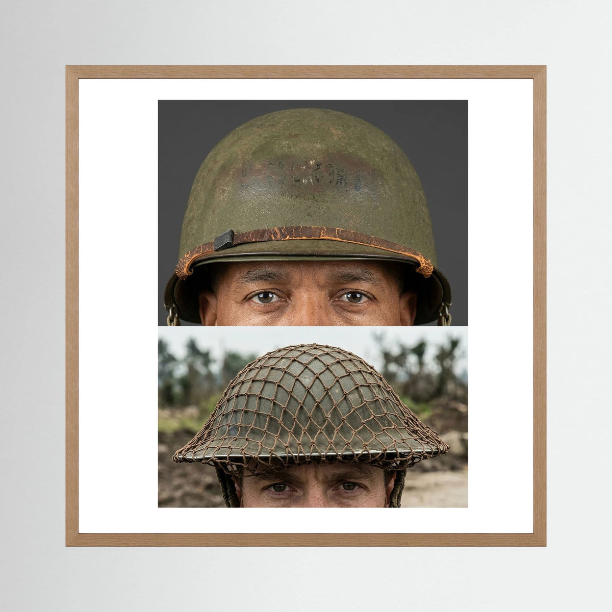 Composite image showing MkII Brodie Helmet British Armed Forces & MI Helmet U.S Forces, WWII