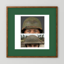 Composite image showing MkII Brodie Helmet British Armed Forces & MI Helmet U.S Forces, WWII