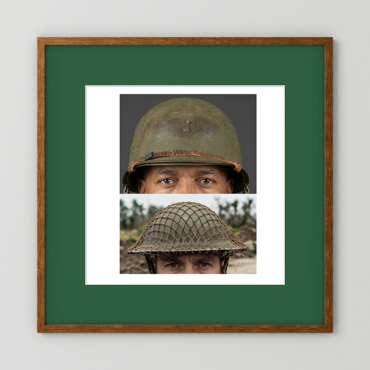 Composite image showing MkII Brodie Helmet British Armed Forces & MI Helmet U.S Forces, WWII
