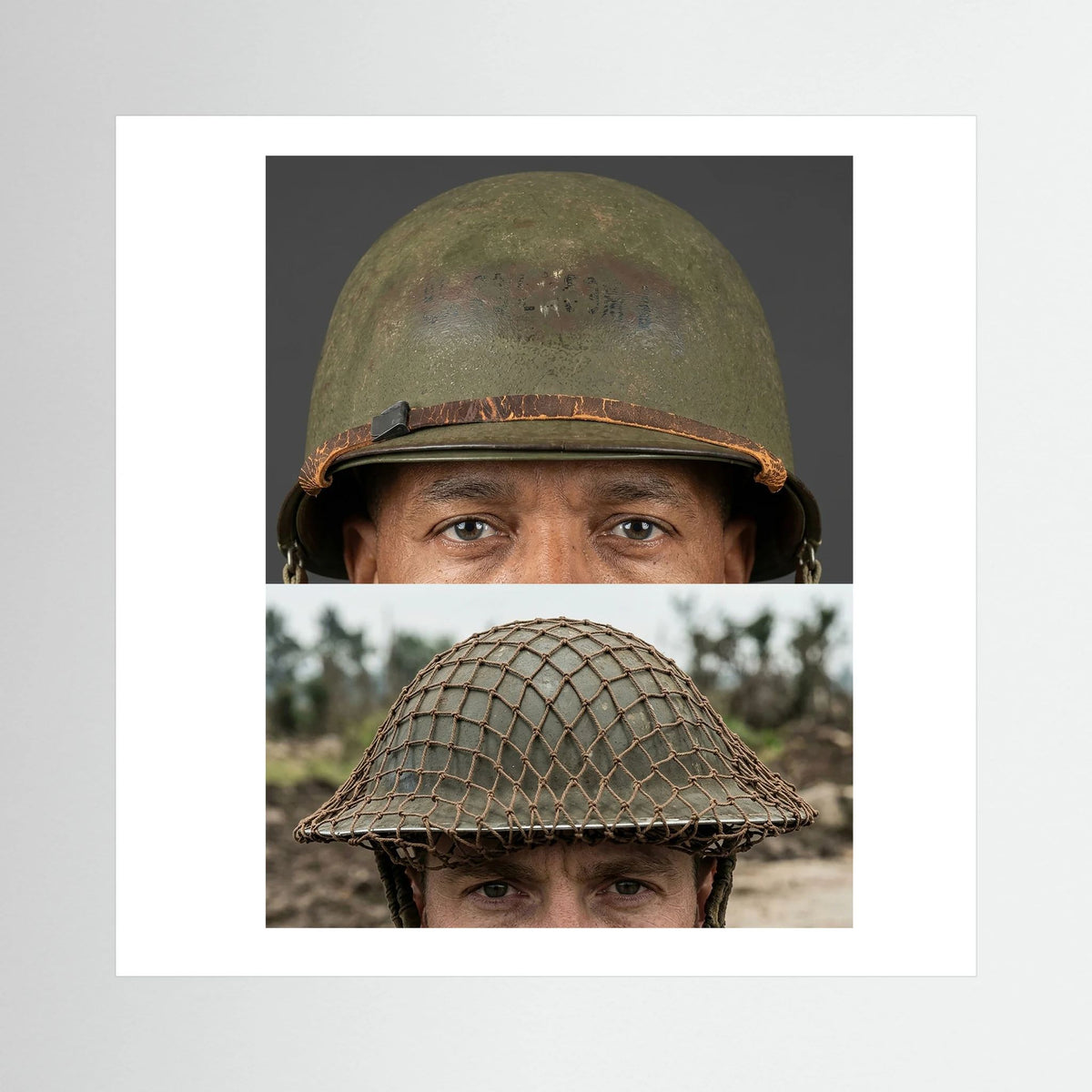 Composite image showing MkII Brodie Helmet British Armed Forces & MI Helmet U.S Forces, WWII