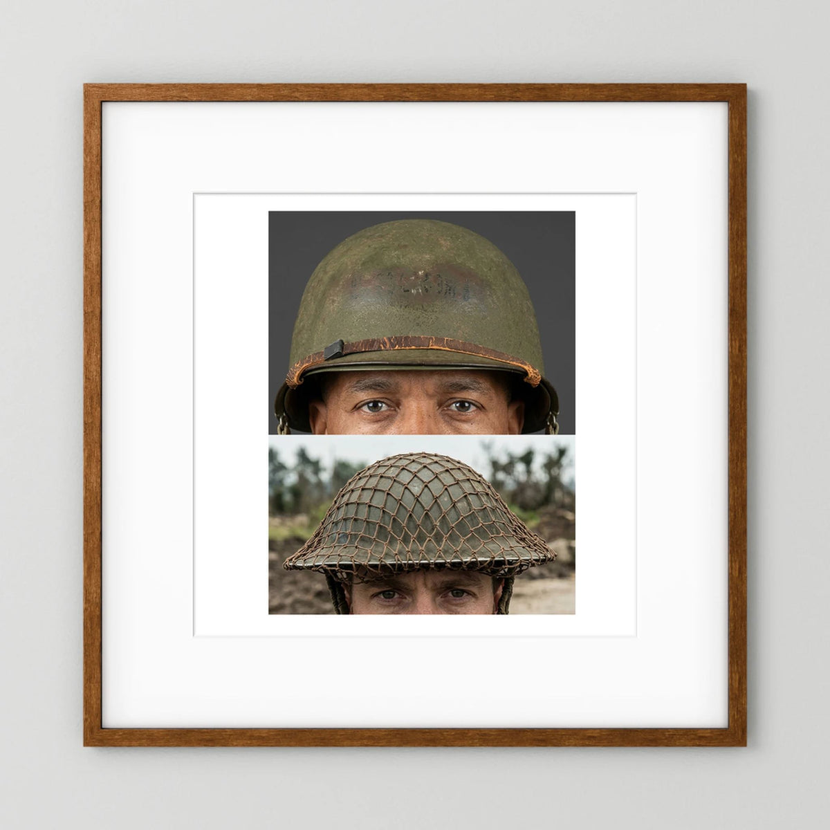 Composite image showing MkII Brodie Helmet British Armed Forces & MI Helmet U.S Forces, WWII