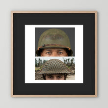 Composite image showing MkII Brodie Helmet British Armed Forces & MI Helmet U.S Forces, WWII